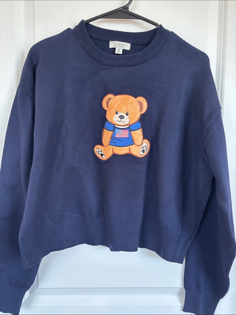 Navy Crewneck Sweater with Teddy Bear Patch